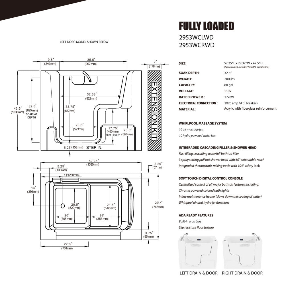 Left Drain Fully Loaded Walk-in Bathtub With Air and Water Jets, 2953 Right Drain Wheelchair