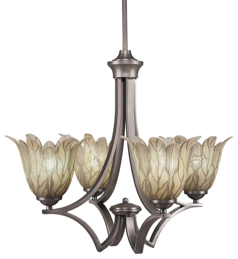 Zilo 4 Light Chandelier, Graphite Finish With 7" Vanilla Leaf Glass
