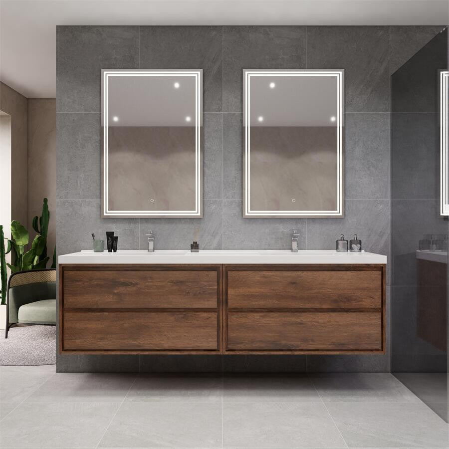 MOM 84 Wall Mounted Vanity With 4 Drawers and Acrylic Double Sink, Rose Wood