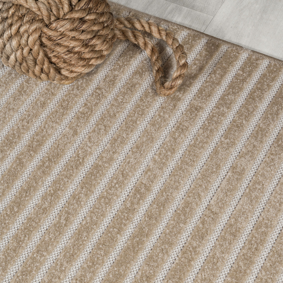 Aarhus High-Low Scandi Striped Beige/Cream 2 ft x 8 ft Indoor/Outdoor Runner Rug