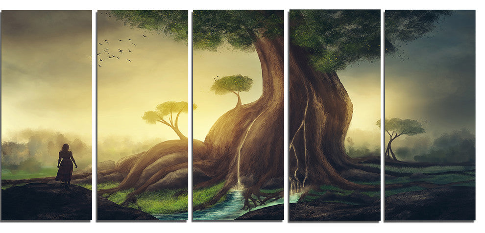 "Giant Tree With Woman" Digital Canvas Print, 5 Panels, 60"x28"