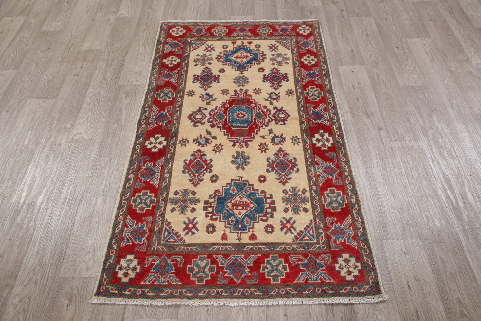 Hand-Knotted Kazak Oriental Traditional Pakistani Area Rug, Beige, 5'5"x3'2