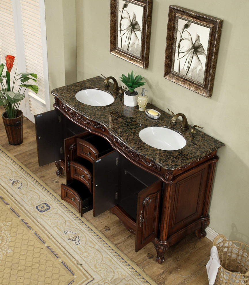 Cassandra 60" Dark Cherry Double Sink Bathroom Vanity, Baltic Brown Granite Top