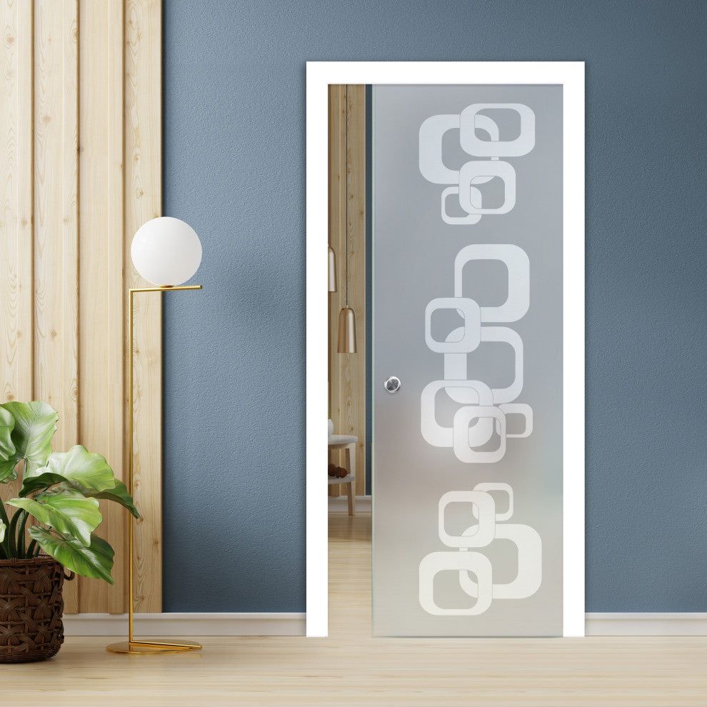 Pocket  Sliding Glass Door with Decorative Frosted Sandblasted Design, Full-Private, 32"x80", 5/16" (8mm)