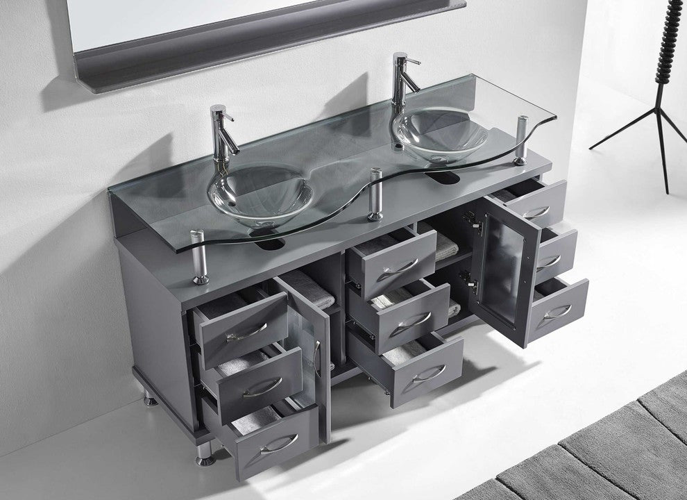 59" Double Bathroom Vanity, Gray, Clear Tempered Glass, Polished Chrome