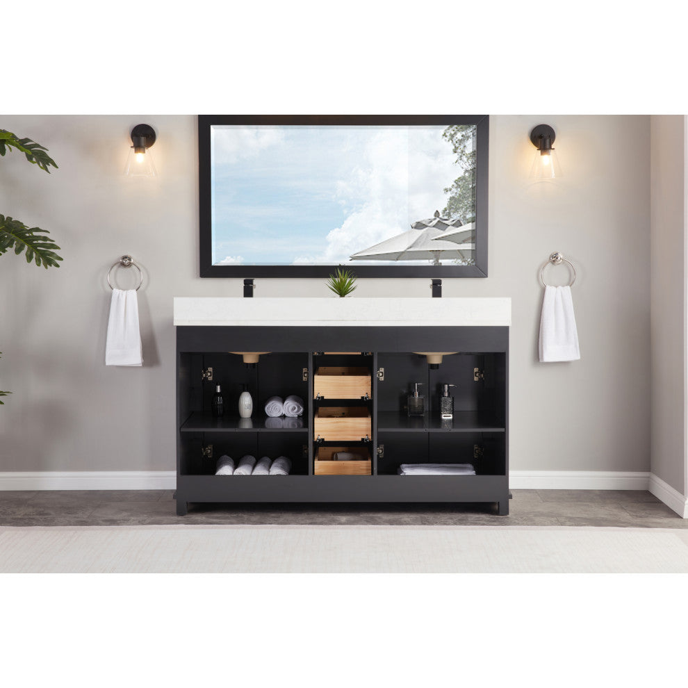 Legion Furniture WS2512 Series Bathroom Sink Vanity, Tricorn Black, 60", Artificial Stone Top, Double Sink