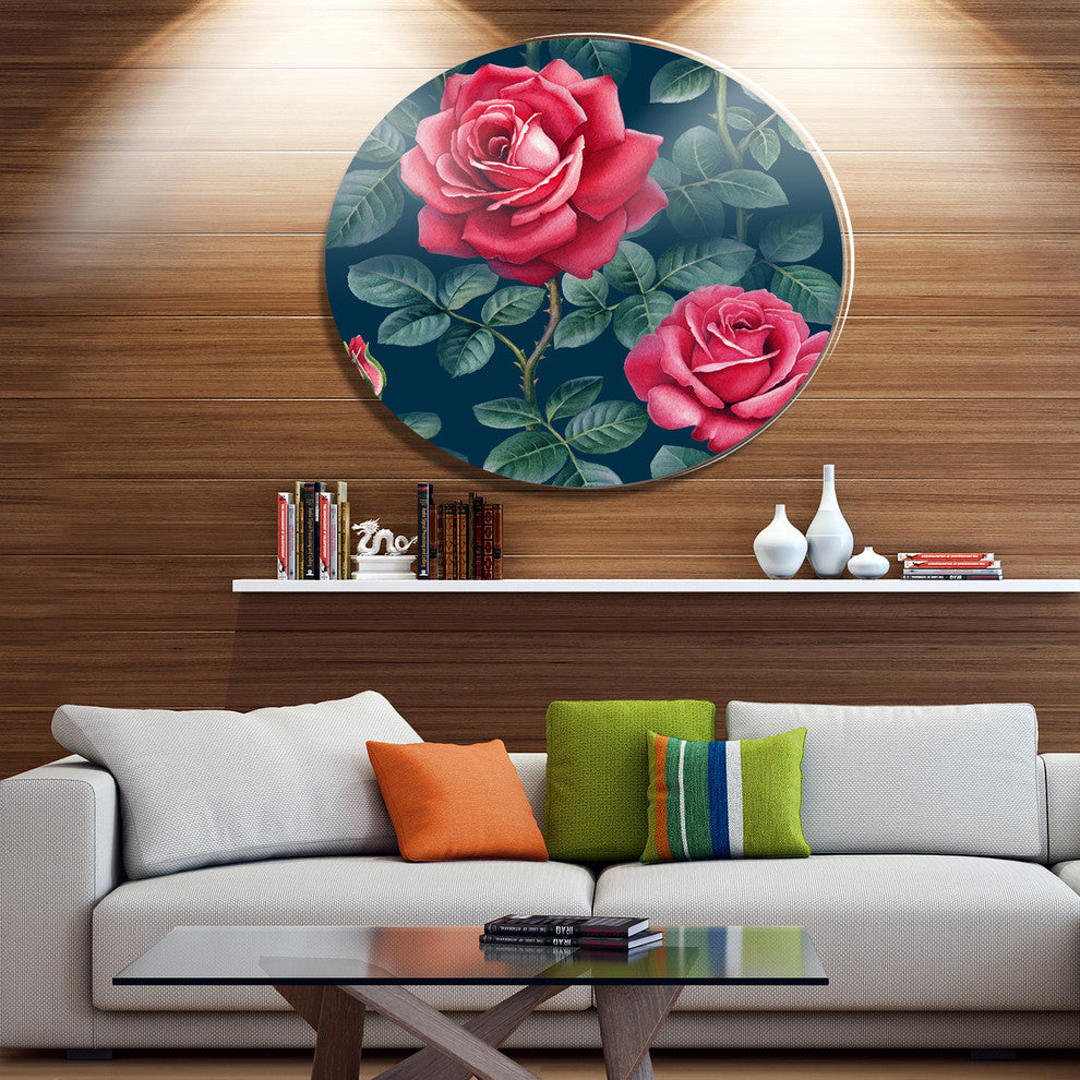 Rose Illustration Watercolor, Floral Wall Large Disc Metal Artwork, 36"