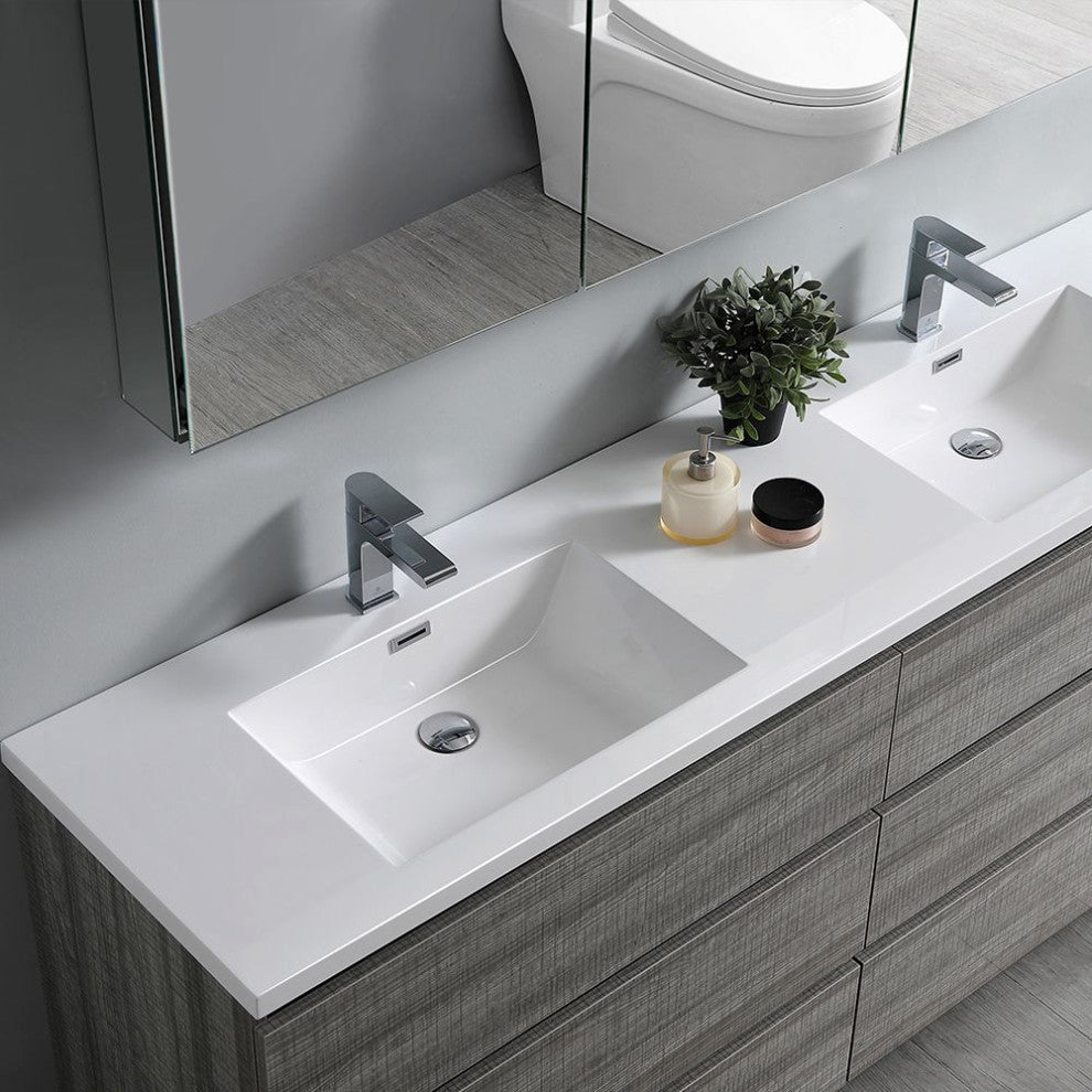 Lazzaro 72" Ash Gray Double Sink Vanity Set, Fiora Faucet, Brushed Nickel