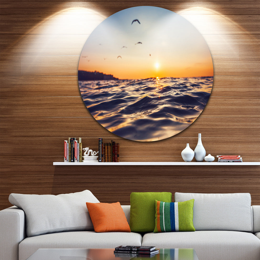 Orange Tinged Sea Waters At Sunrise, Beach Disc Metal Wall Art, 23"