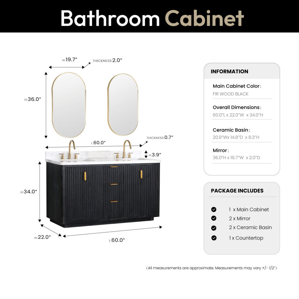 Vinnova Cadiz Bath Vanity, Composite Stone Top, Black, 60", With Mirror