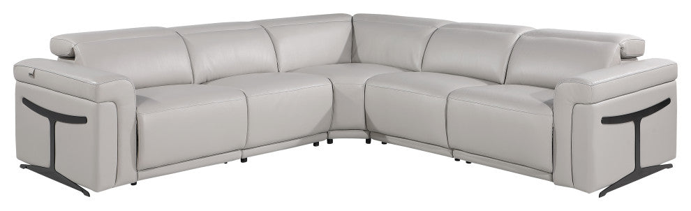 Giovanni 5-Piece 3-Power Reclining Italian Leather Sectional, Light Gray