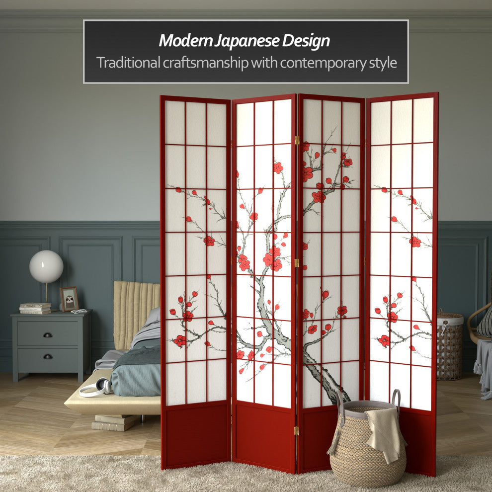 7' Tall Cherry Blossom Shoji Screen, Rosewood, 4 Panels