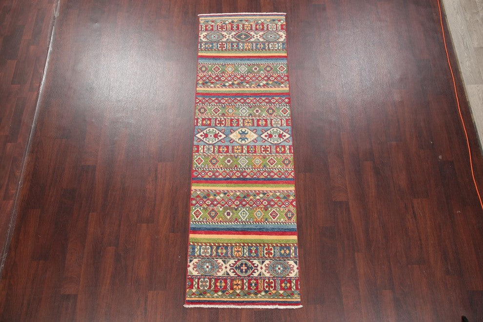 Hand-Knotted Pakistani Kazak Oriental Wool Traditional Runner Rug, 8'8"X2'8"