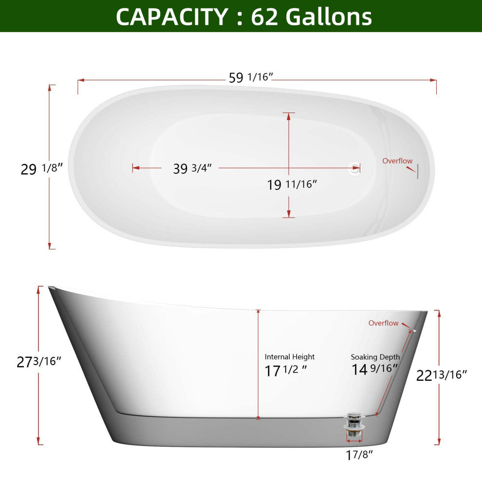 Acrylic Slipper Freestanding Flatbottom Soaking Bathtub, Gloss White, 59"29"