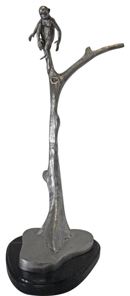 Monkey Resting on a Tree Silver Finish Bronze Statue - Size: 12" x 13" x 27"H.
