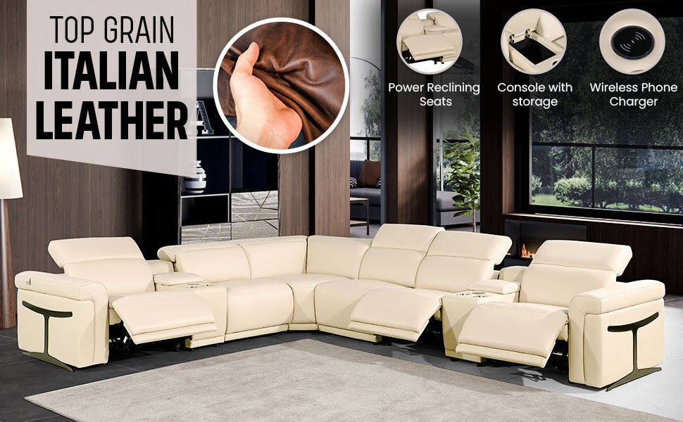 Giovanni 8-Piece 3-Power Reclining Italian Leather Sectional, Light Gray