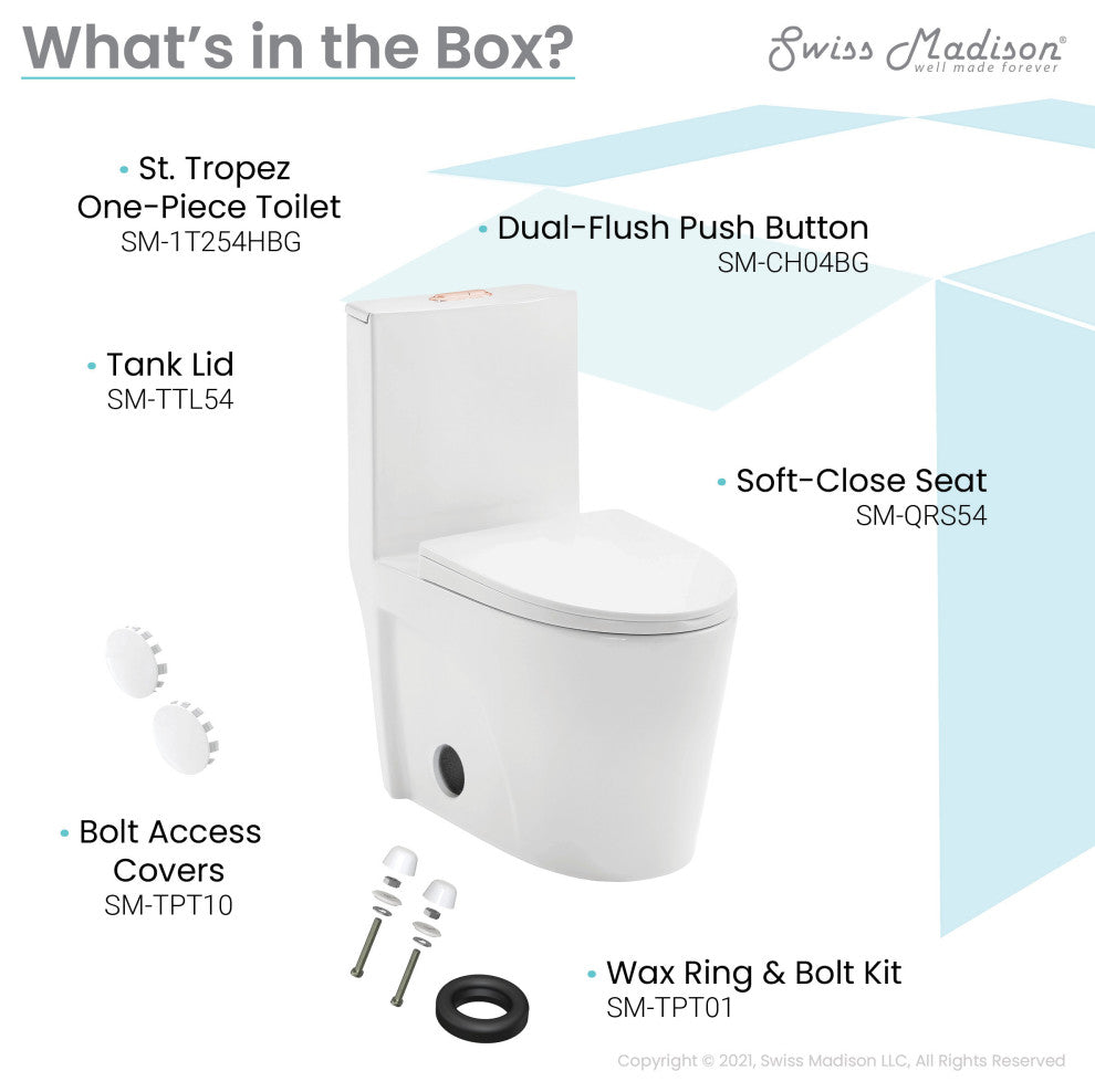 St. Tropez Elongated Toilet Dual Vortex Flush Glossy White, Rose Gold Hardware