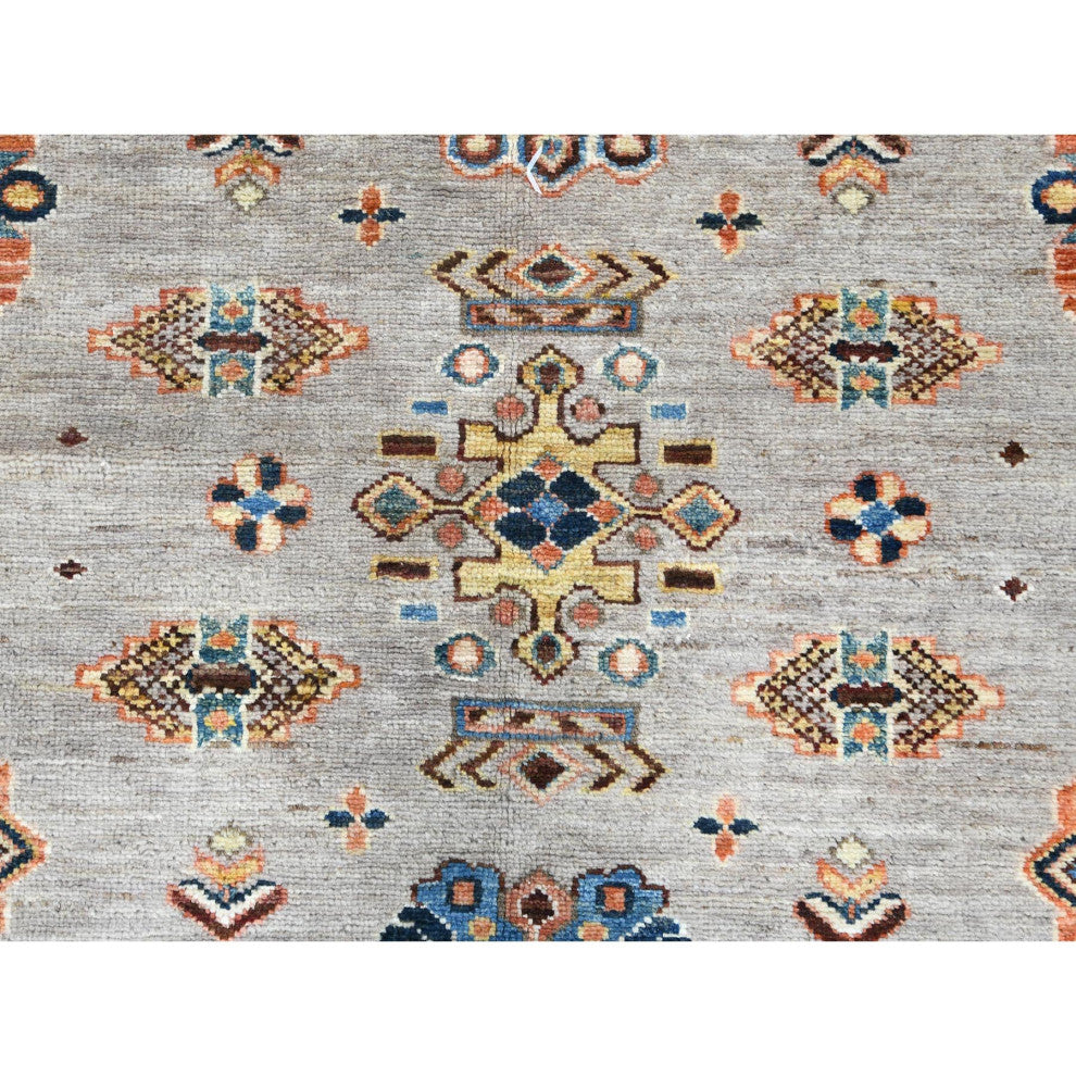 Light Gray Hand Knotted Afghan Super Kazak Organic Wool Oriental Rug, 6'1"x9'1"
