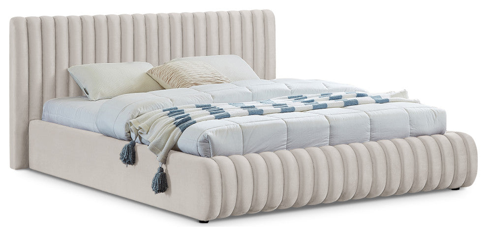 Nico Black Velvet Upholstered Bed, Cream, Queen
