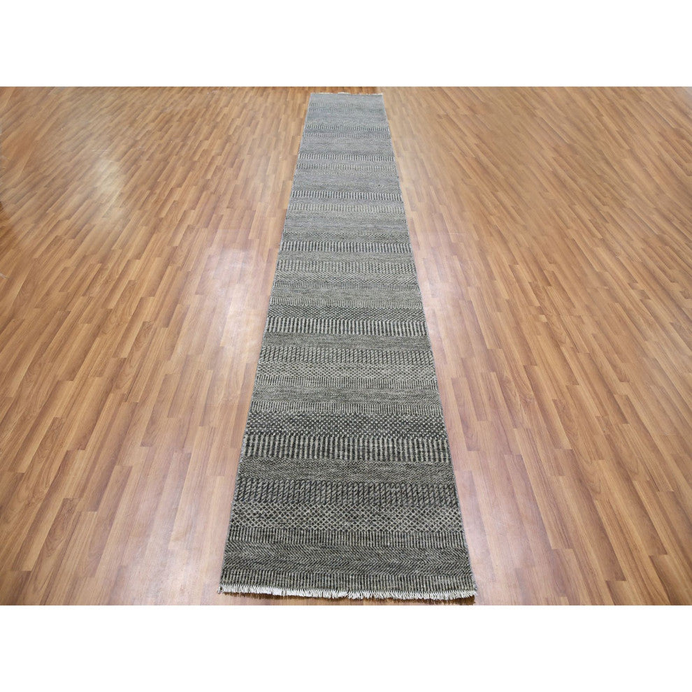 Rustic Gray Grass Design Hand Knotted Undyed Wool XL Runner Rug, 2'5"x15'10"