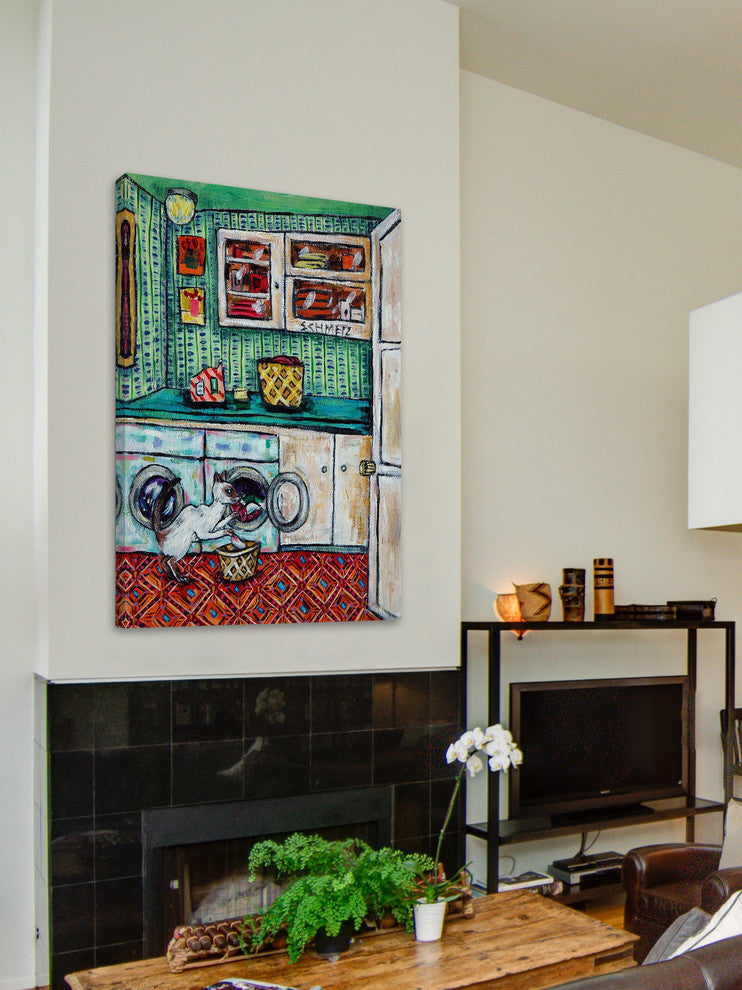 "Cat Siamese Laundry" Painting Print on Wrapped Canvas, 40"x60"