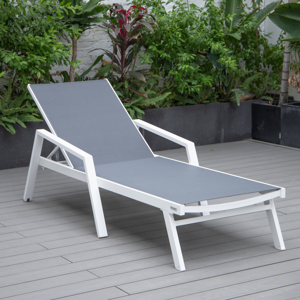 LeisureMod Marlin Patio Chaise Lounge Chair With Arms White Frame, Dark Gray