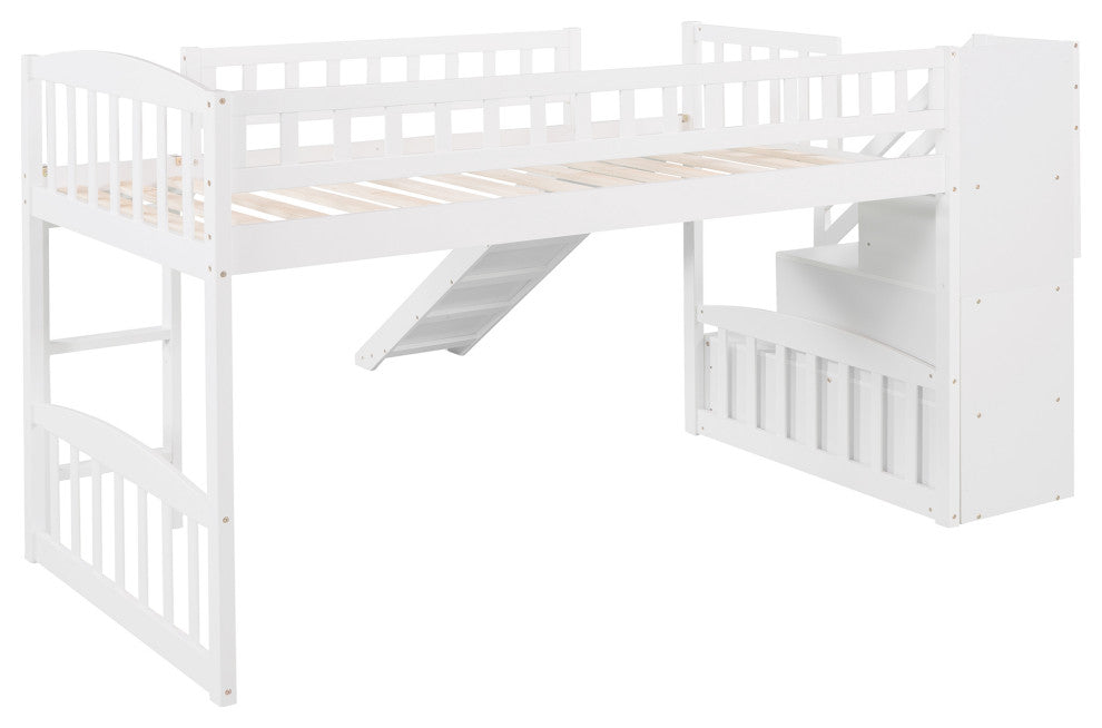 Gewnee Wood Twin Loft Bed with Storage Stairway and Slide in White