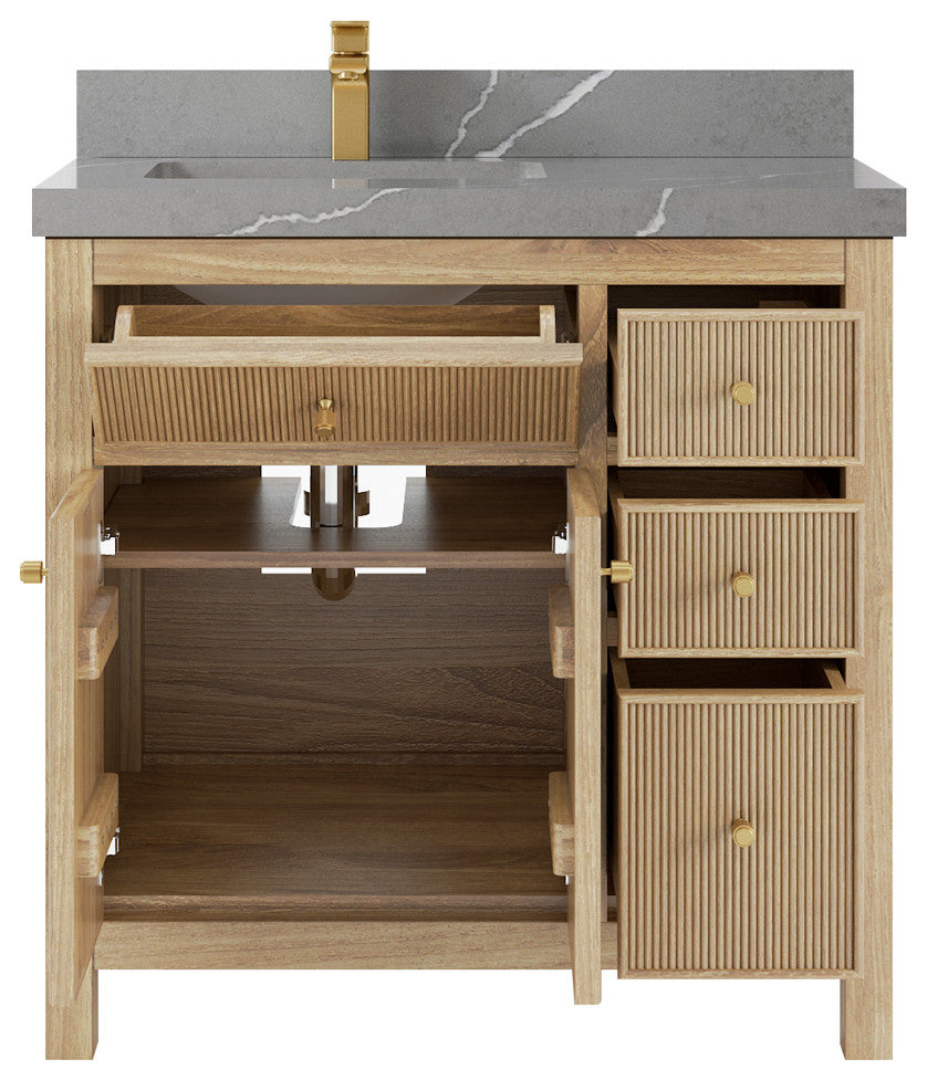 Sonoma Teak 36 Left Offset Bath Vanity in Light  Natural with 2" Piatra Gray