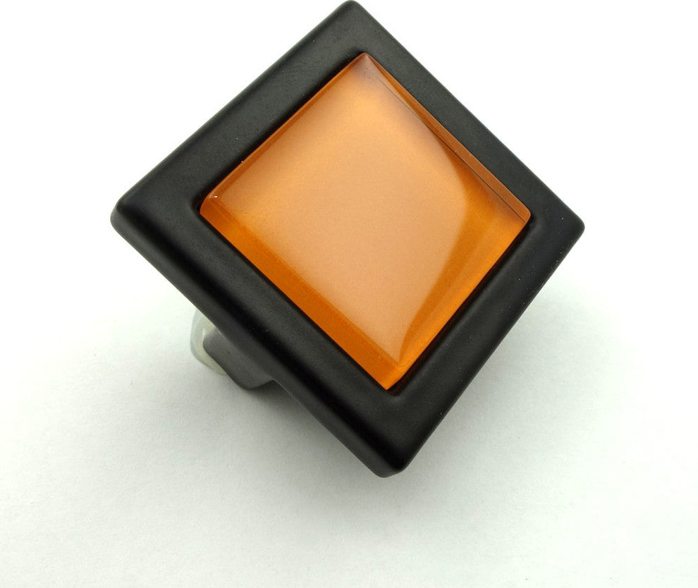 Persimmon Orange Crystal Glass Black Metal Square Manor Knob