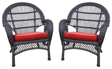 Jeco Wicker Chair in Espresso with Red Cushion (Set of 2)