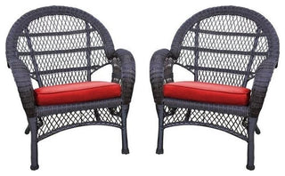 Jeco Wicker Chair in Espresso with Red Cushion (Set of 2)