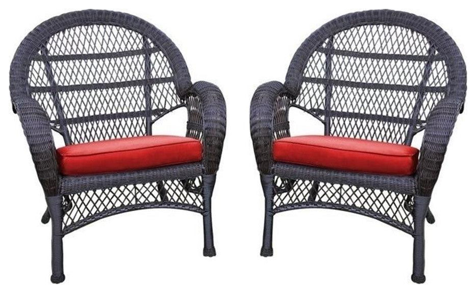 Jeco Wicker Chair in Espresso with Red Cushion (Set of 2)