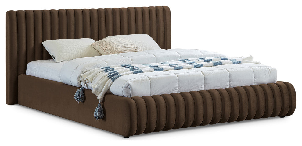 Nico Black Velvet Upholstered Bed, Brown, Full