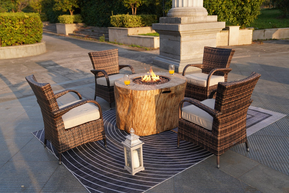 Patio Wood Coating Propane Fire Pit Table with Cushioned Chairs, Round-1
