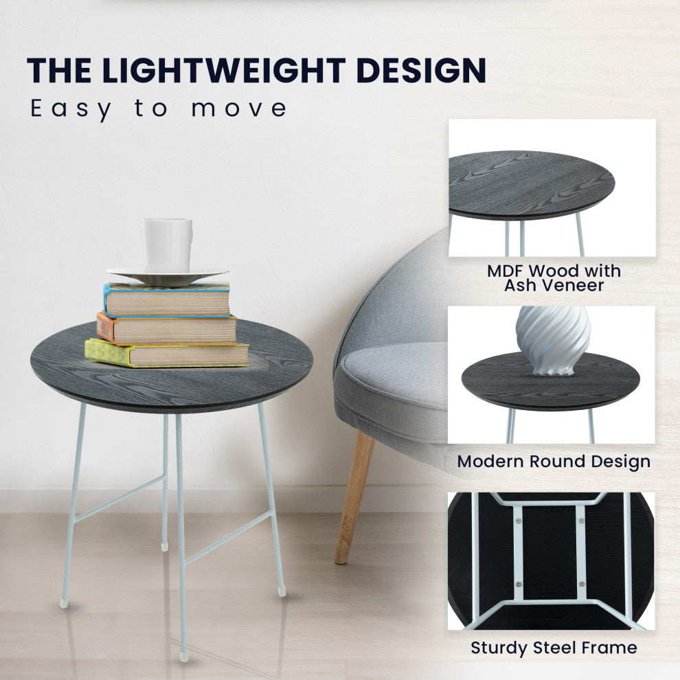 LeisureMod Rossmore Modern Round Side Table With White Steel Frame, Black