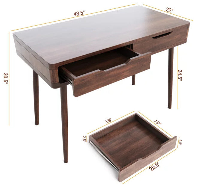 Mid Century Desk, Angled Legs & 2 Storage Drawers With Cut Out Pulls, Walnut
