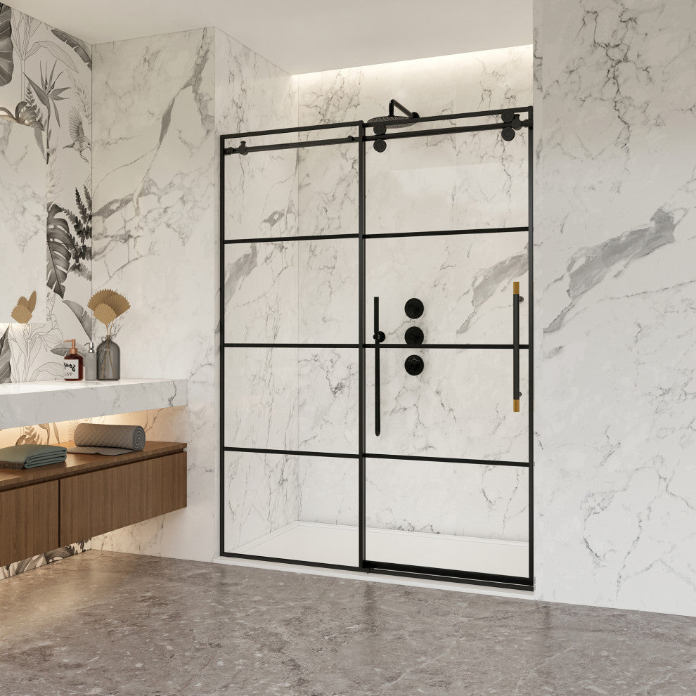 Losar Single Sliding Framed Shower Door, Matte Black, 56" W X 78"h