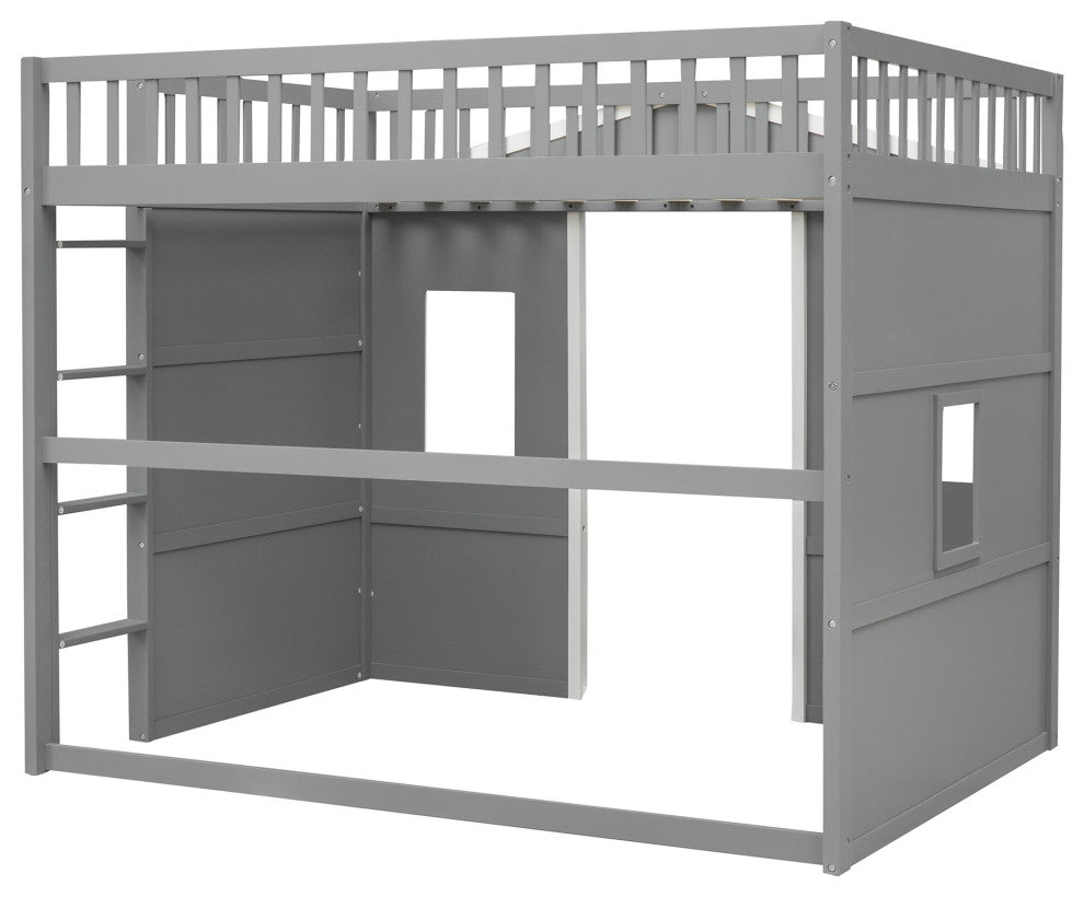 Gewnee Full Size Wood House Loft Bed With Ladder in Gray+White