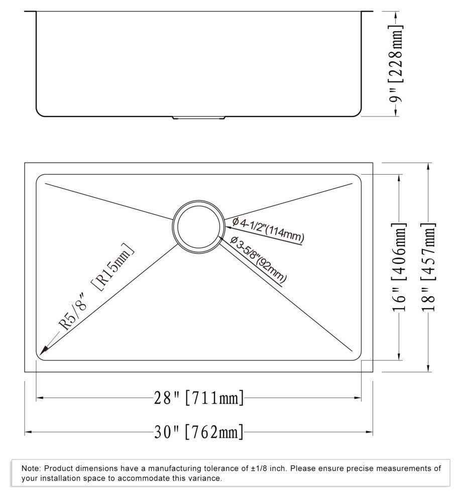 Dowell Undermount Single Bowl Stainless Kitchen Sink - Small Radius, 28w X 16l X 9d