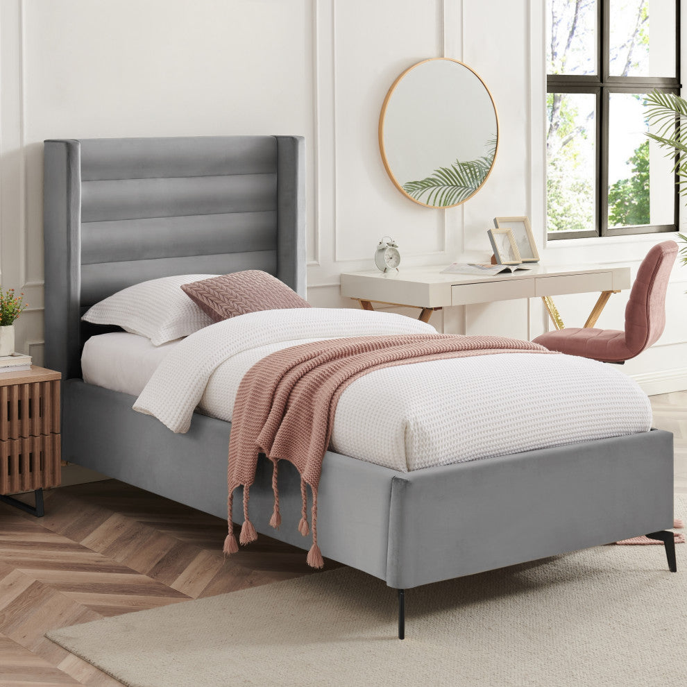 Inspired Home Alessio Bed, Upholstered, Light Gray Velvet Full