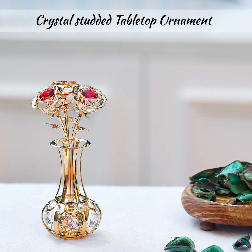 24k Gold Plated Flowers Bouquet and Vase w Red and Clear Crystals Home Decor