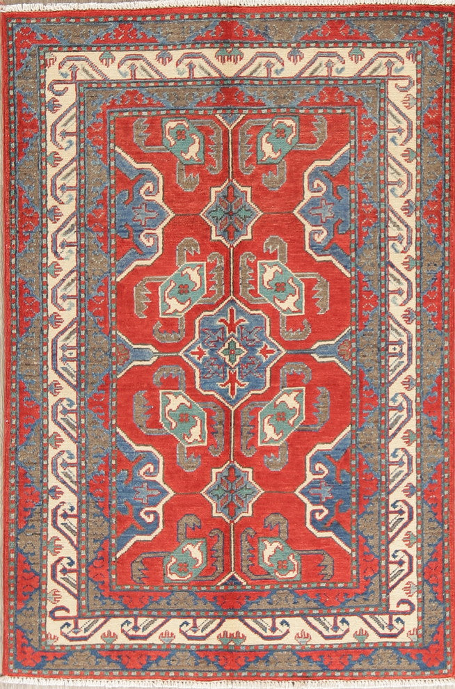 Traditional Pakistani Kazak Wool Hand-Knotted Oriental Area Rug, Red, 4'8"X3'3"