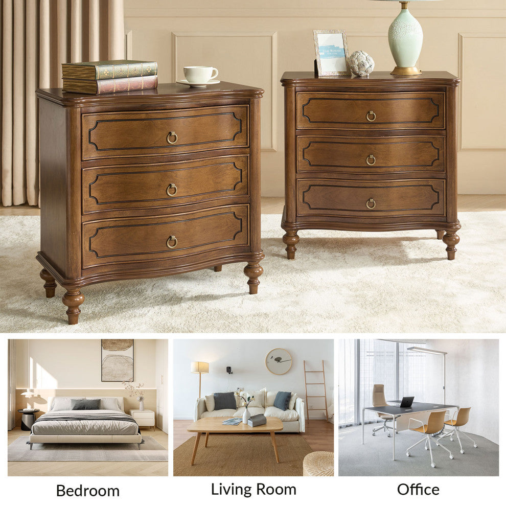 3-Drawer Nightstand With Solid Wood Legs & Built-In Outlets, Set of 2, Seadrift