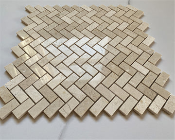 Crema Marfil Marble Herringbone Mosaic Tile Polished 5/8x1-1/4, 1 sheet