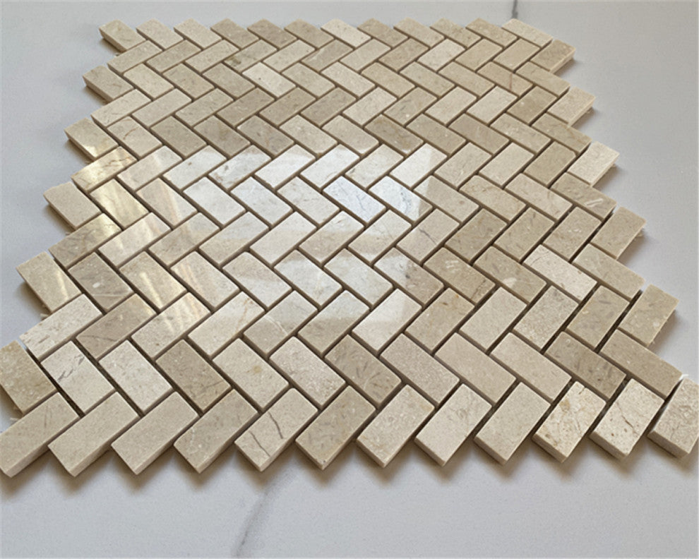 Crema Marfil Marble Herringbone Mosaic Tile Polished 5/8x1-1/4, 1 sheet
