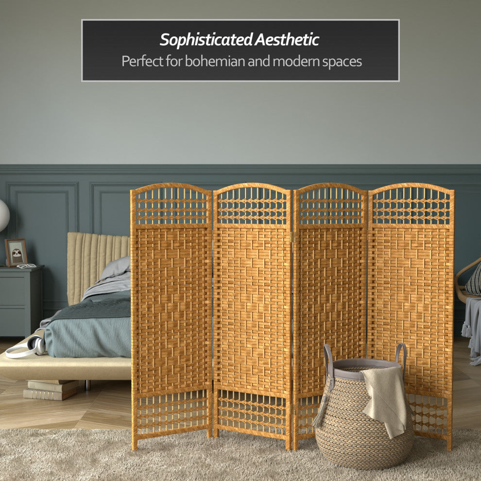 4' Tall Fiber Weave Room Divider, Light Beige, 4 Panels