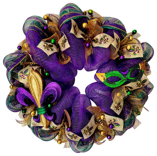 Mardi Gras Wreath Fleur de Lis and Mask Deco Mesh, 28"