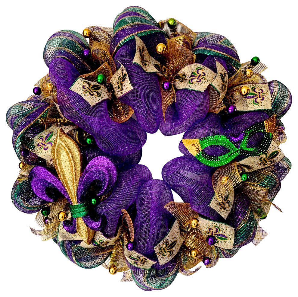 Mardi Gras Wreath Fleur de Lis and Mask Deco Mesh, 28"