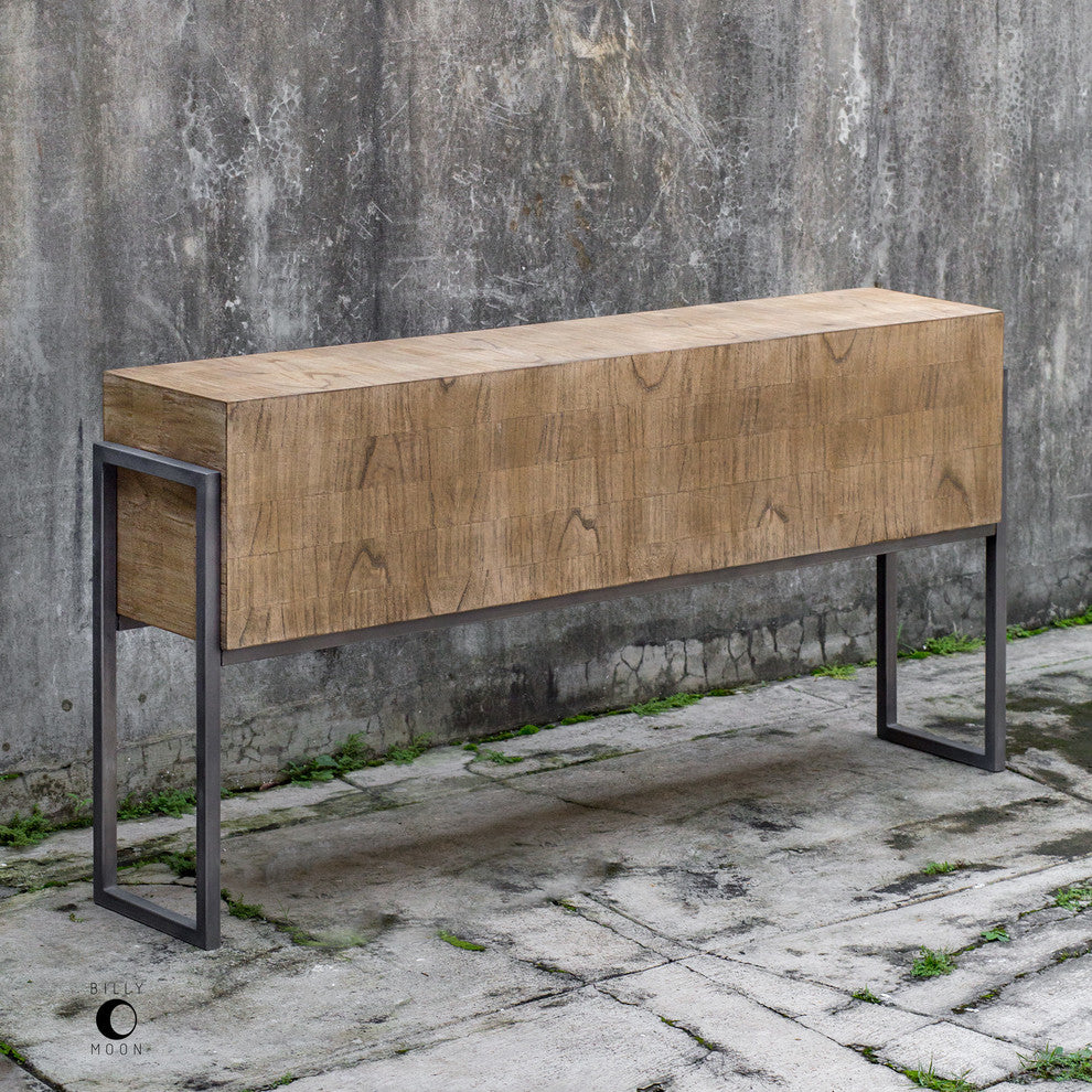 Luxe Minimalist Wood Block Slab Console Table Contemporary Modern Iron CubeÃ¯Â¿Â½