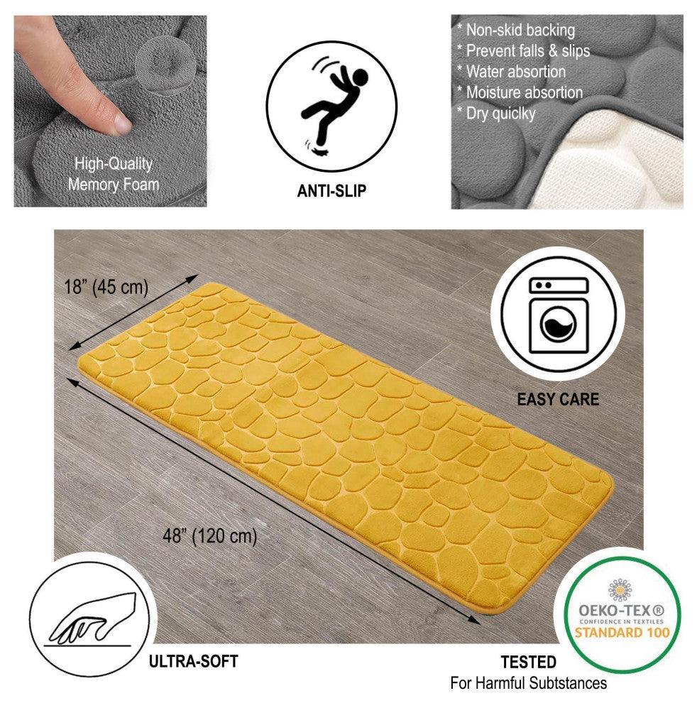 Bath Rug Memory Foam Mat 3D Pebble, Yellow Mustard, Runner Mat 48"